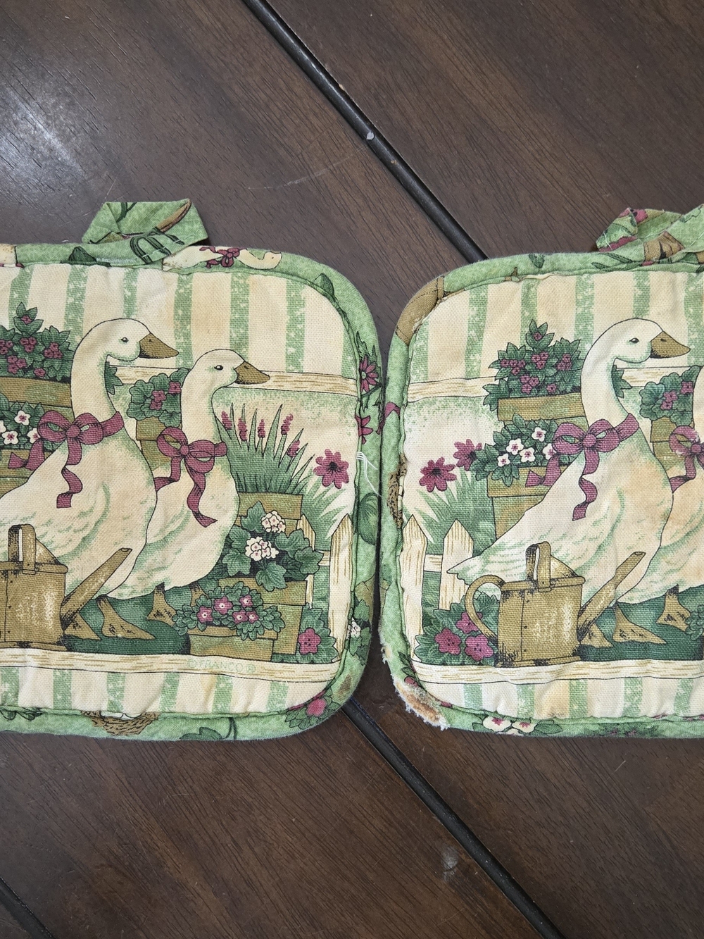 Duck Print Potholders with Garden Motif - Green, Pink, Cream